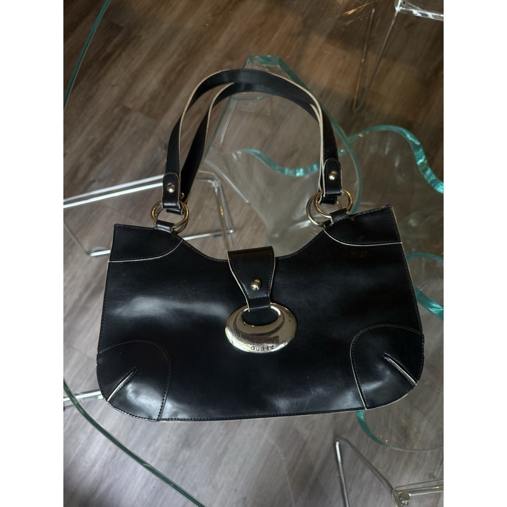 Y2K Guess Black Faux‎ Leather Shoulder Bag Purse Silver Hardware Oval Logo